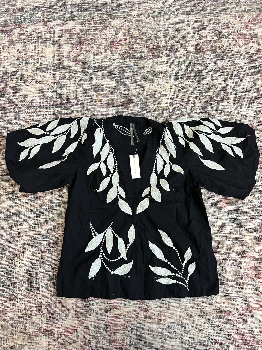 Anthropologie Black Top with White Leaf Embroidery